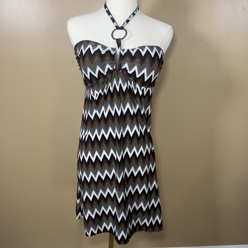 Y2K Chevron Halter Mini Dress Boho Tribal Summer Vacation